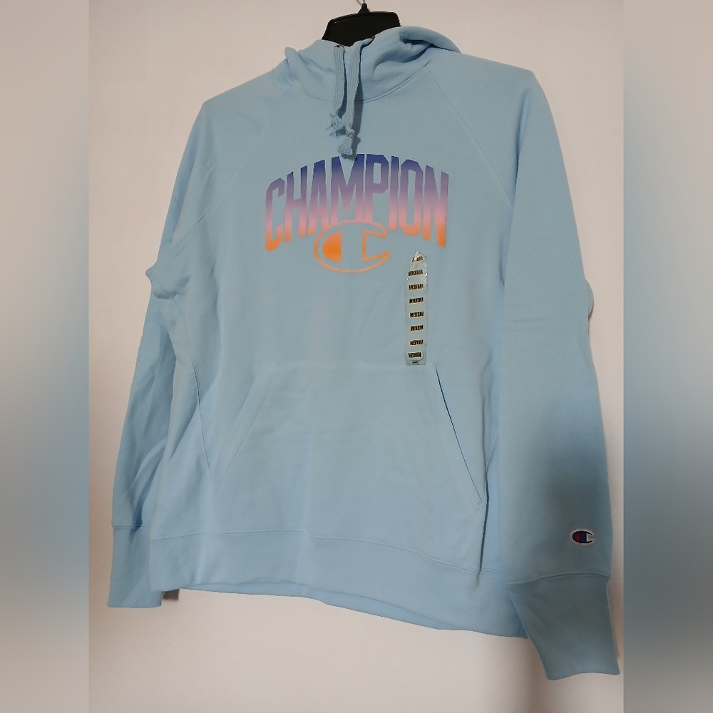 Champion Candid Blue Fleece Pullover Hoodie with Gradient Logo Size Medium - Picture 2 of 10